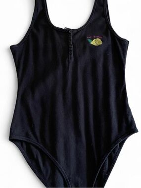 Forever 21 Black Ribbed Tank Bodysuit with Lemon Embroidery